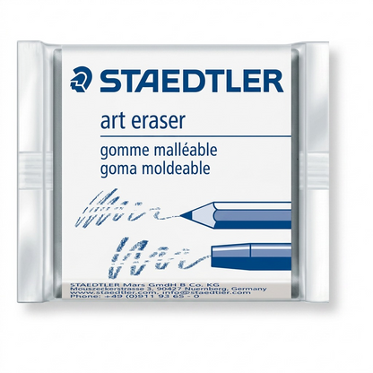 A crisp, high-resolution product photography shot of the STAEDTLER Art Eraser 5427-06 in its distinct packaging, centered on a pure white background with soft, clean shadows.