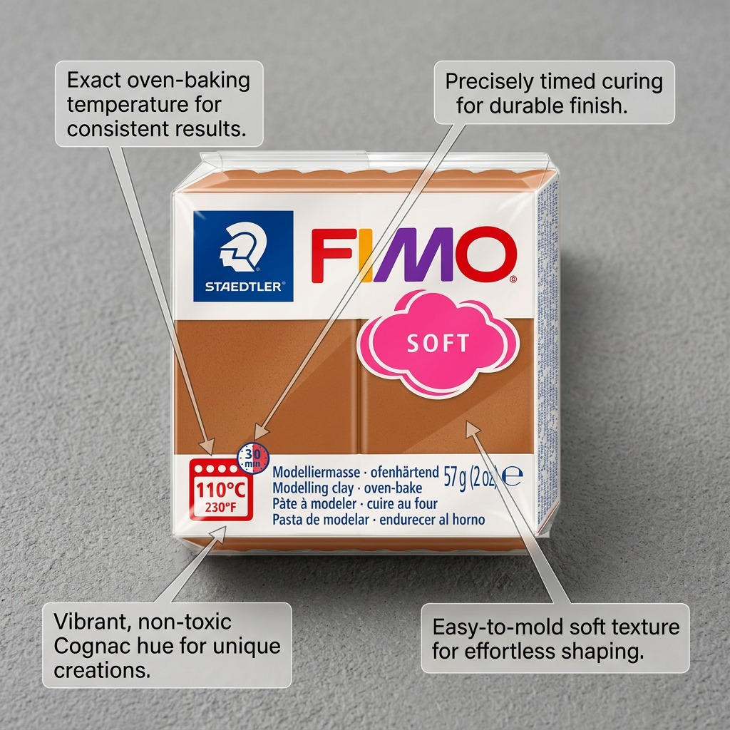A refined product image of Fimo Soft Cognac clay with overlay labels and lines highlighting key features: oven-hardening material, user-friendly softness, exact color code, and precise 30-minute baking instructions.