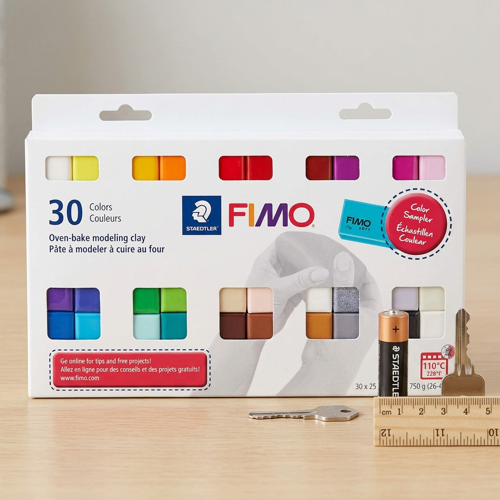 A photograph showing the STAEDTLER Fimo Soft 30 Assorted Color Pack alongside a standard AA battery and a human thumb. The pack stands about twice the height of the battery, illustrating its correct scale for context.