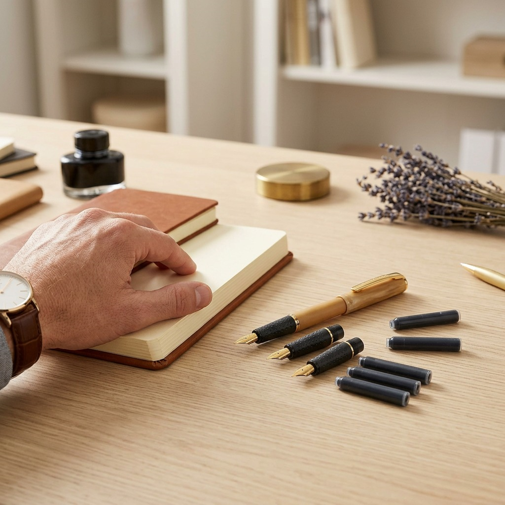 A close-up photograph of a calligraphy pen set and ink cartridges on a desk beside an open journal, stopwatch, and a hand, demonstrating scale.