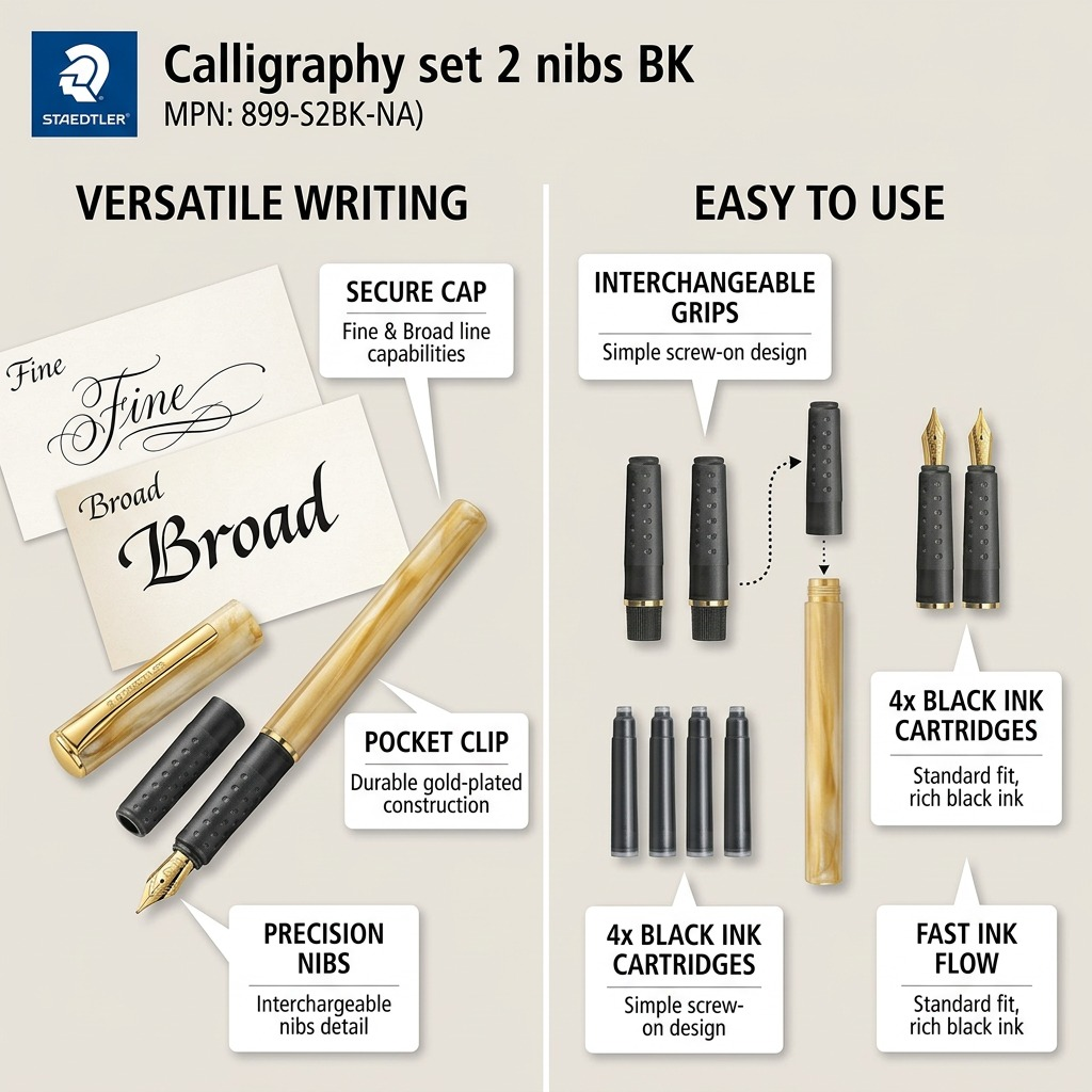 Product overview of STAEDTLER Calligraphy set 2 nibs BK (899-S2BK-NA) featuring operational feature callouts for key technical benefits.