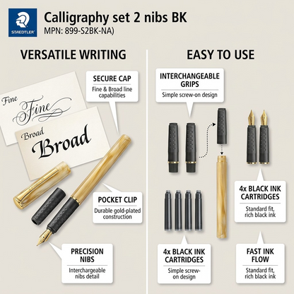 Product overview of STAEDTLER Calligraphy set 2 nibs BK (899-S2BK-NA) featuring operational feature callouts for key technical benefits.
