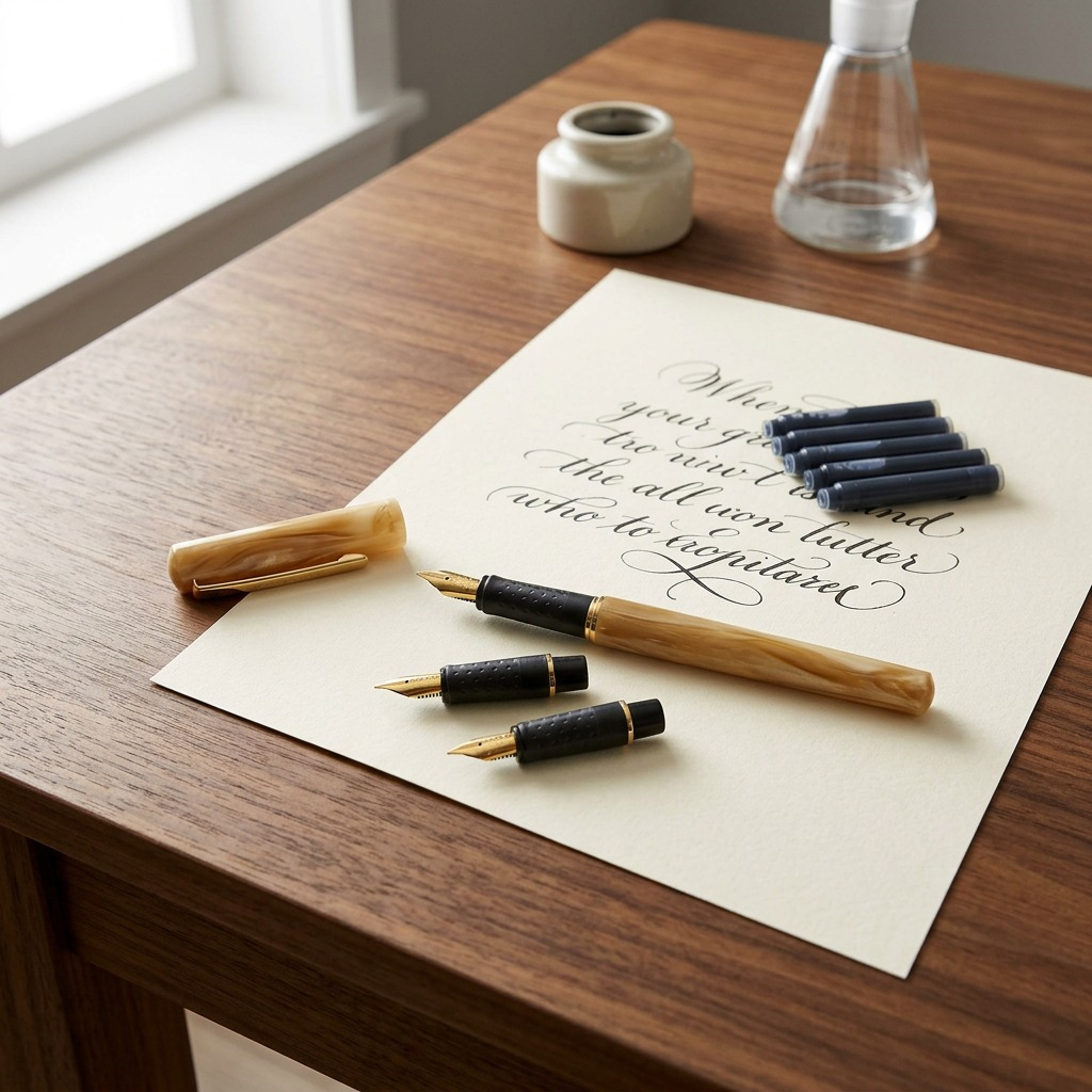 A STAEDTLER calligraphy pen, two gold nibs, and ink cartridges sit on wood. Text: STAEDTLER set context.