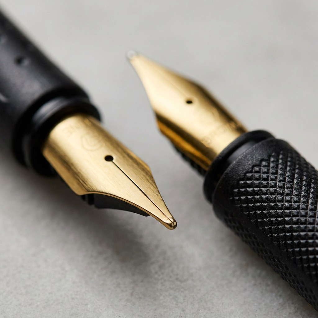 An extreme macro photograph of the gold calligraphy nibs from the STAEDTLER Calligraphy set, showing intricate grinding and the metal quality.