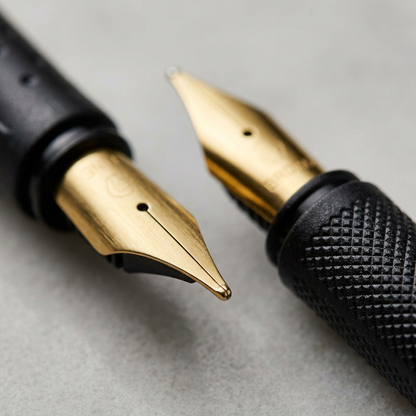 An extreme macro photograph of the gold calligraphy nibs from the STAEDTLER Calligraphy set, showing intricate grinding and the metal quality.