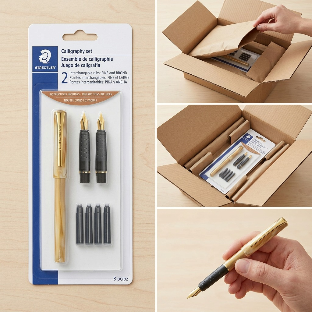 A matrix of images shows a Staedtler 2-Nib Calligraphy Set being unboxed from a well-padded, premium cardboard shipping box.