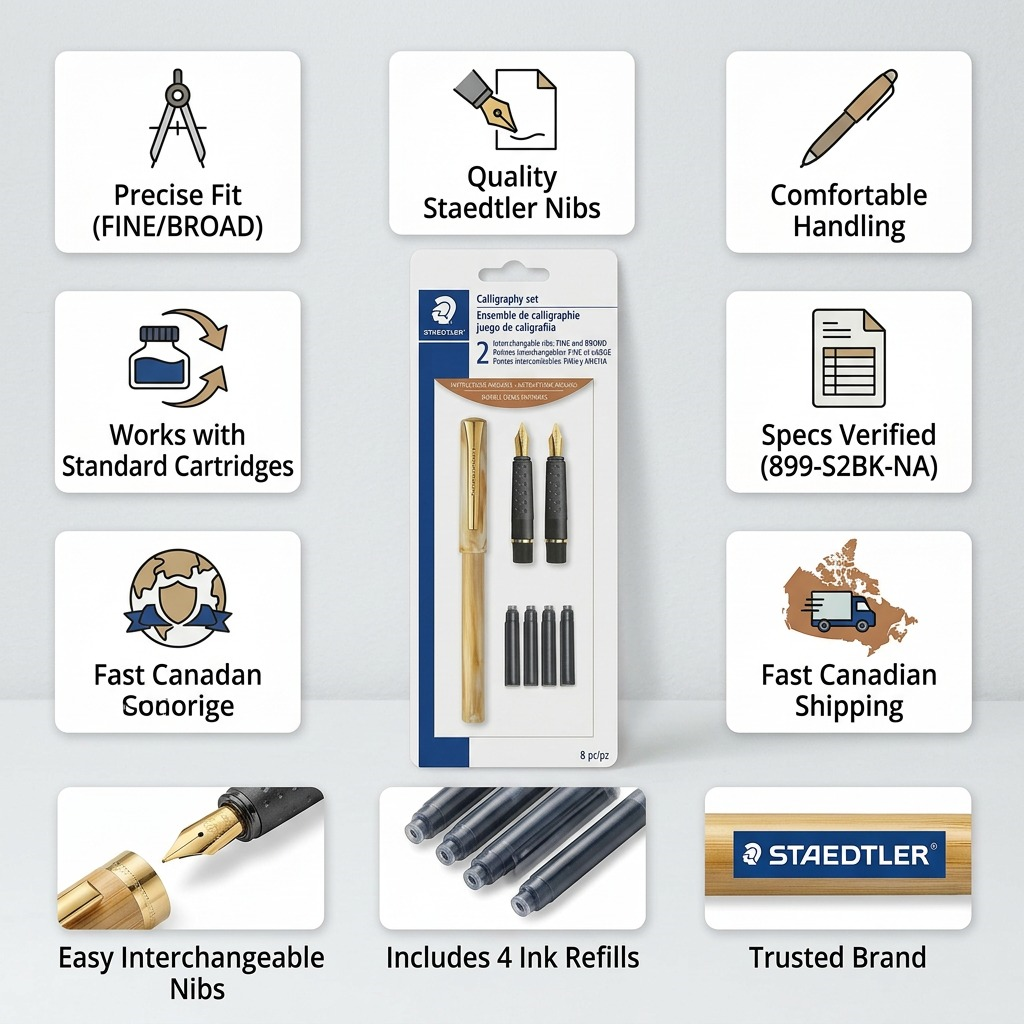 An ecommerce infographic for the STAEDTLER Calligraphy set 2 nibs BK, with verified facts and Canadian shipping icon.