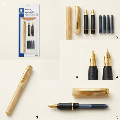 Matrix grid display showing the Staedtler calligraphy set in different perspectives on a product-led background.