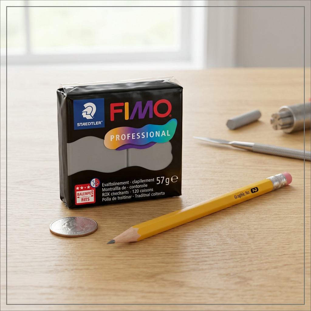A close-up photograph of the STAEDTLER Fimo Professional Dolphin Grey clay block positioned on a craft mat next to a standard graphite pencil, illustrating its actual size.