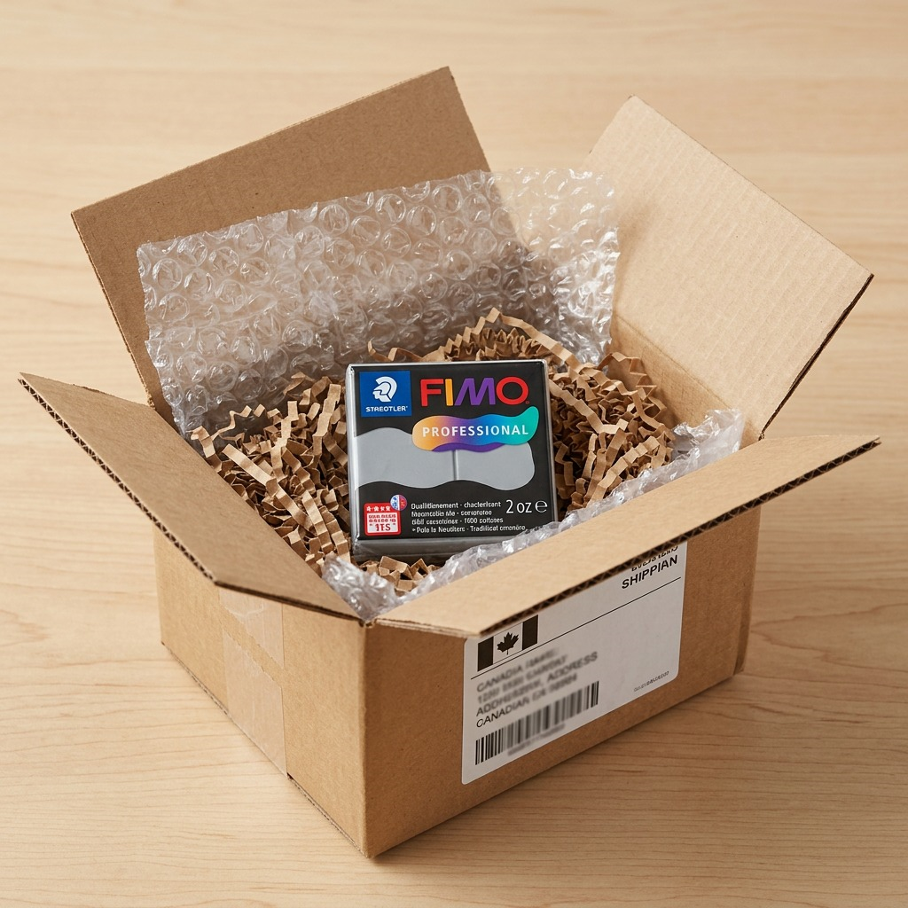 STAEDTLER Fimo Dolphin Grey clay unboxed from protective bubble wrap and generic cardboard box.
