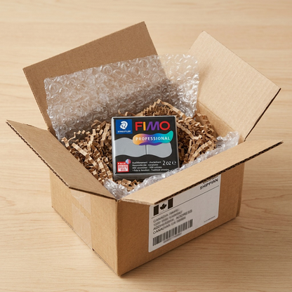 STAEDTLER Fimo Dolphin Grey clay unboxed from protective bubble wrap and generic cardboard box.