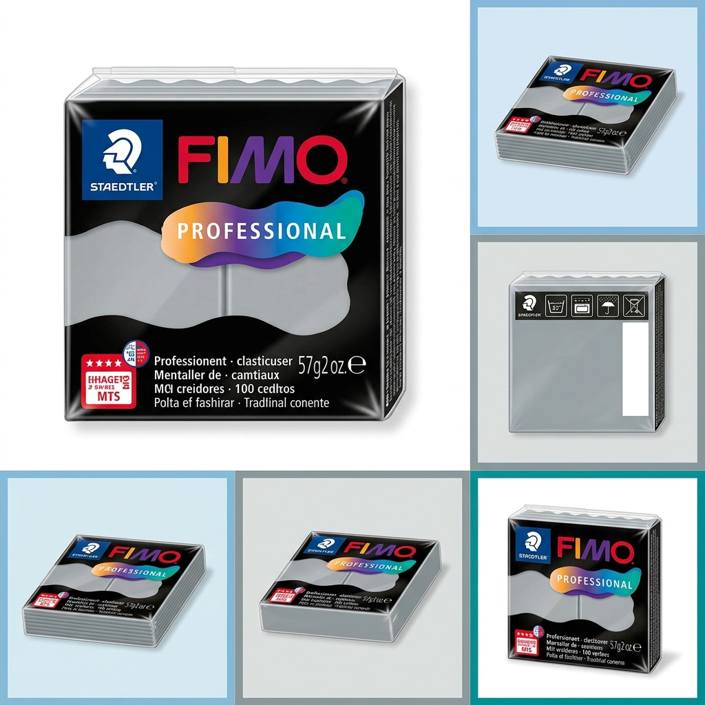 A grid showing STAEDTLER Fimo Professional Dolphin Grey (8040-80) from multiple views: front, back, top, bottom, and side, against colored panels.