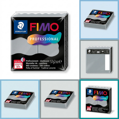 A grid showing STAEDTLER Fimo Professional Dolphin Grey (8040-80) from multiple views: front, back, top, bottom, and side, against colored panels.