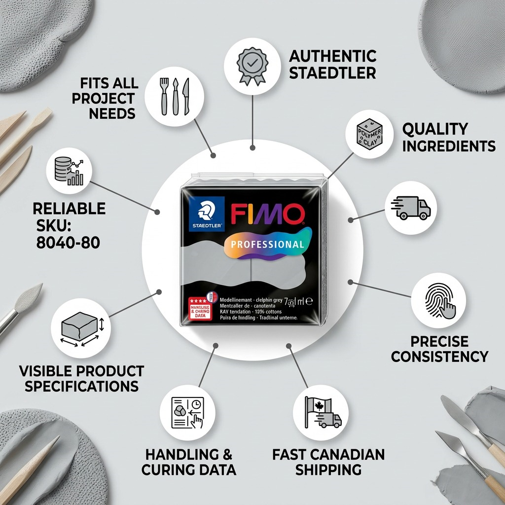 Fimo Professional clay trust matrix with feature icons: Staedtler, shipping, specifications, quality, SKU, consistent use.