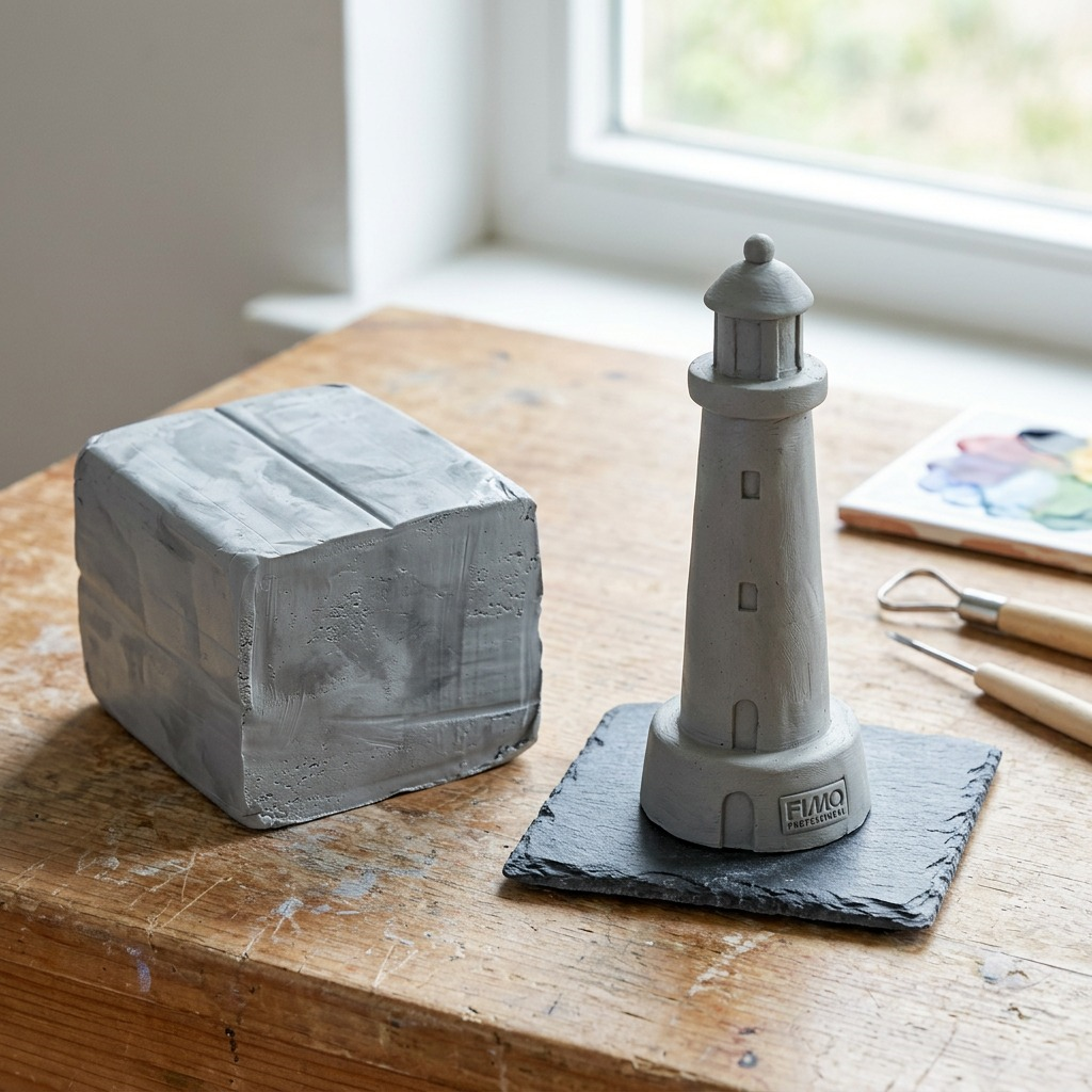A close-up photograph of a detailed, unfired Fimo Professional dolphin-grey miniature sculpture of a classic lighthouse, sitting on a rustic wooden work table alongside clay tools and a small acrylic color palette. Natural light comes from a window.