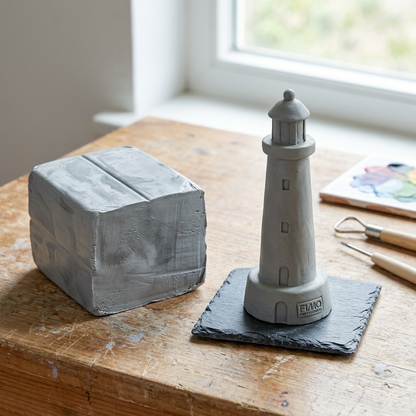 A close-up photograph of a detailed, unfired Fimo Professional dolphin-grey miniature sculpture of a classic lighthouse, sitting on a rustic wooden work table alongside clay tools and a small acrylic color palette. Natural light comes from a window.