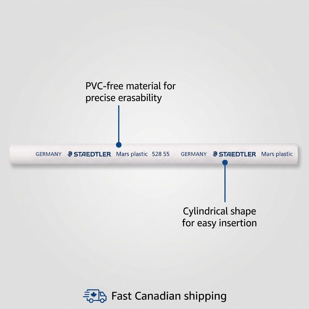 A feature matrix image of the STAEDTLER Mars plastic 528 55 eraser core refill, detailing key operational features with pointer lines and concise text: 'PVC-free material for precise erasability' and 'Cylindrical shape for easy insertion.' Features clear manufacturer branding and a 'Fast Canadian shipping' graphic.