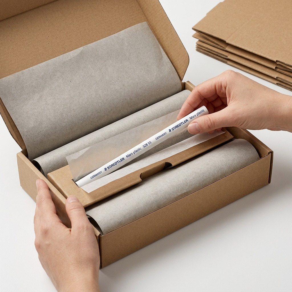 A hand lifts the protected STAEDTLER eraser refill from custom-cut protective shipping inserts in an open box.