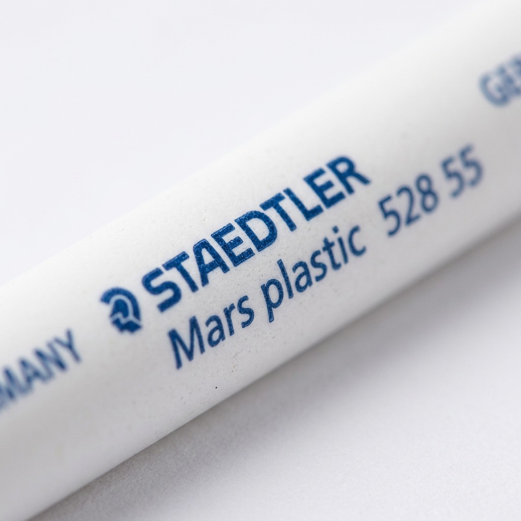 Macro detail view of critical STAEDTLER Mars plastic markings on a white refill core.