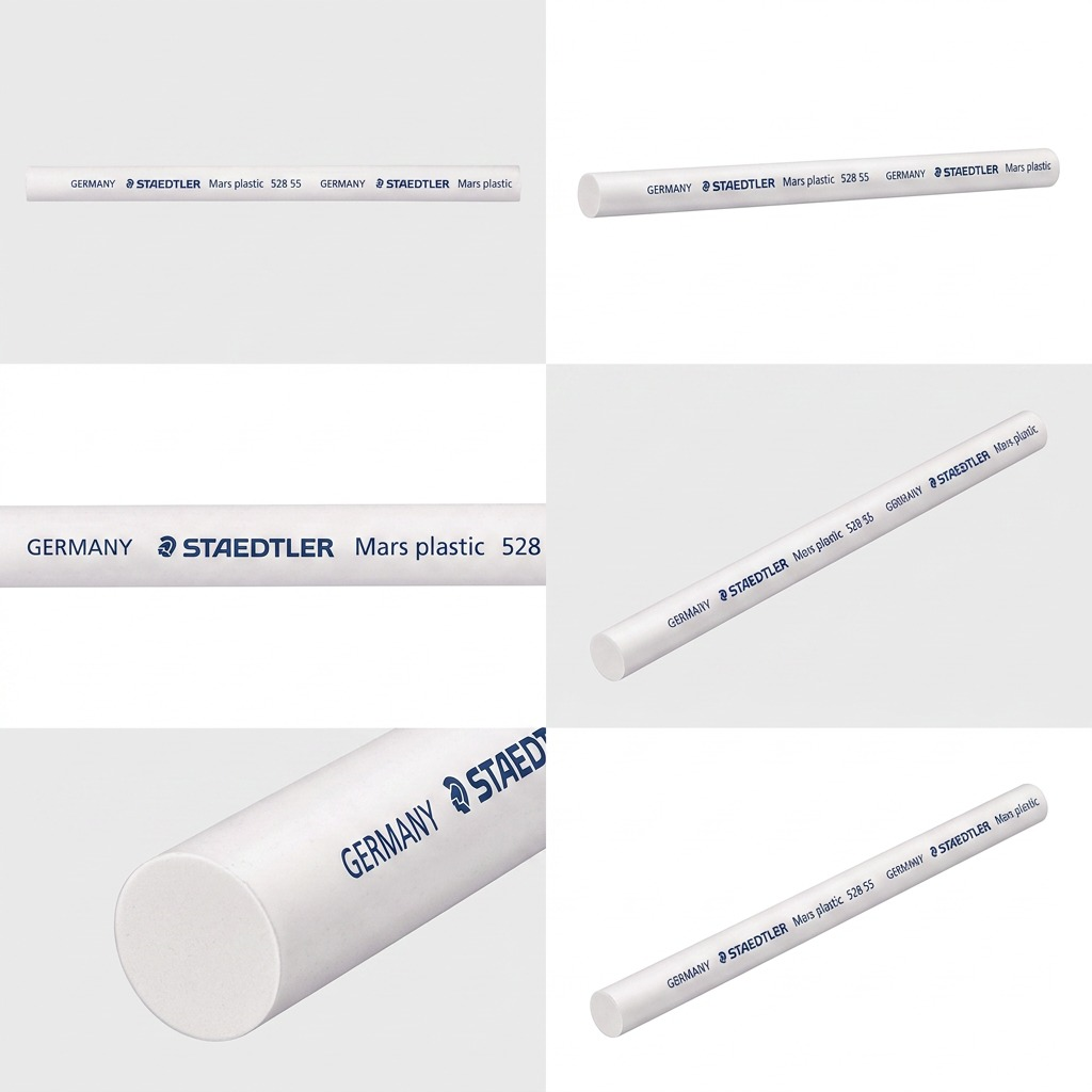 A six-panel photo matrix grid illustrating the Staedtler 528 55 eraser refill from multiple distinct view angles.