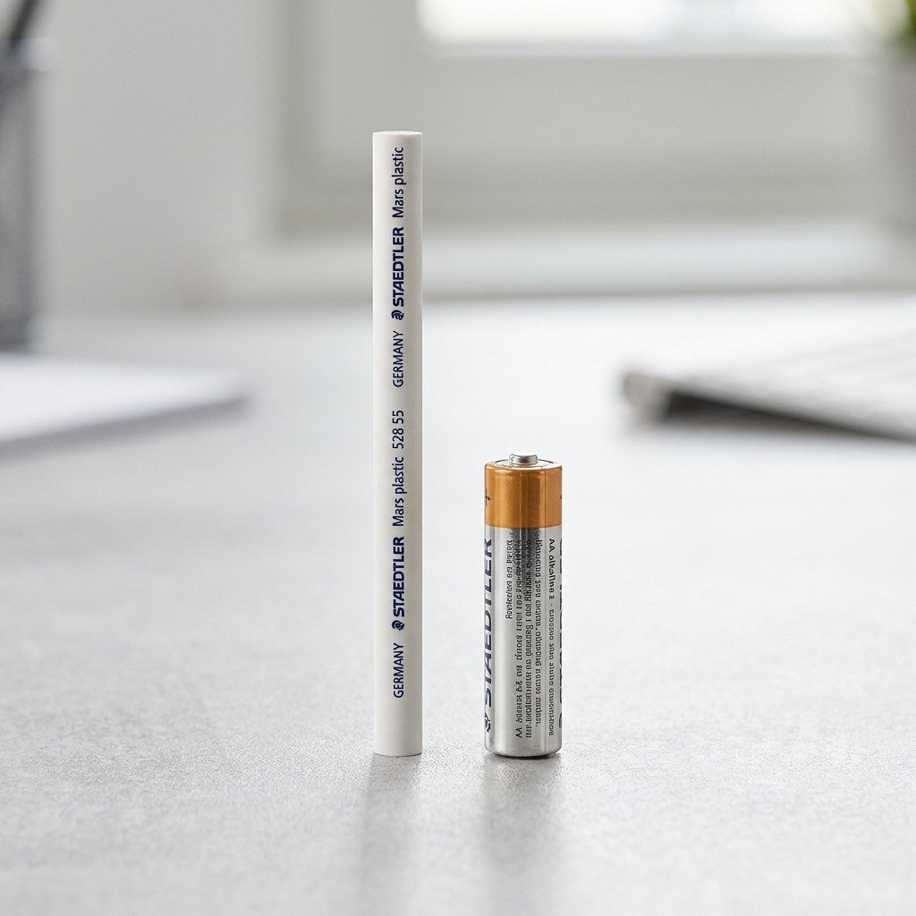 An eye-level product shot of the white STAEDTLER eraser core refill standing vertically next to a standard AA battery on a light grey, subtly textured desk surface. Both objects are in sharp focus, with realistic lighting. No packaging or text is present.