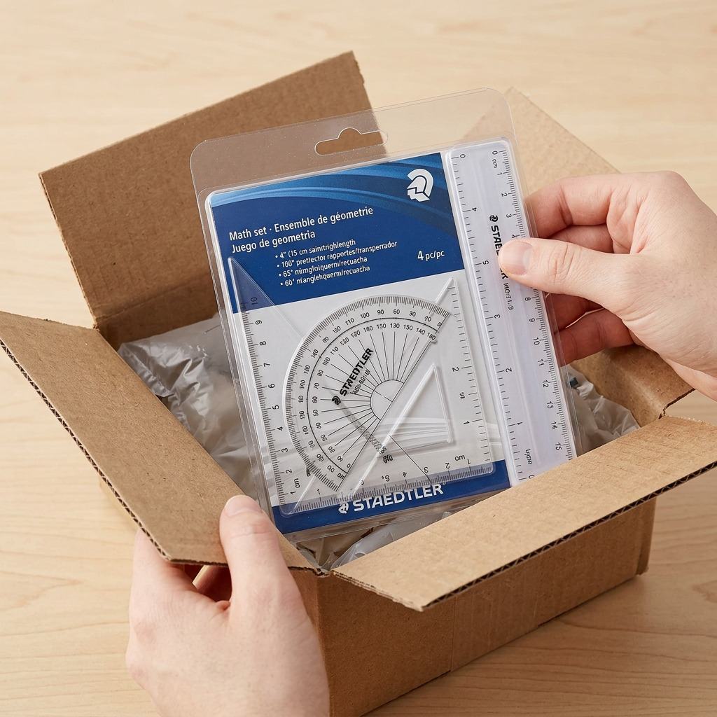 A high-resolution product shot shows a STAEDTLER set (MPN: 569-WP4-02) within its protective bubble bag for shipping.