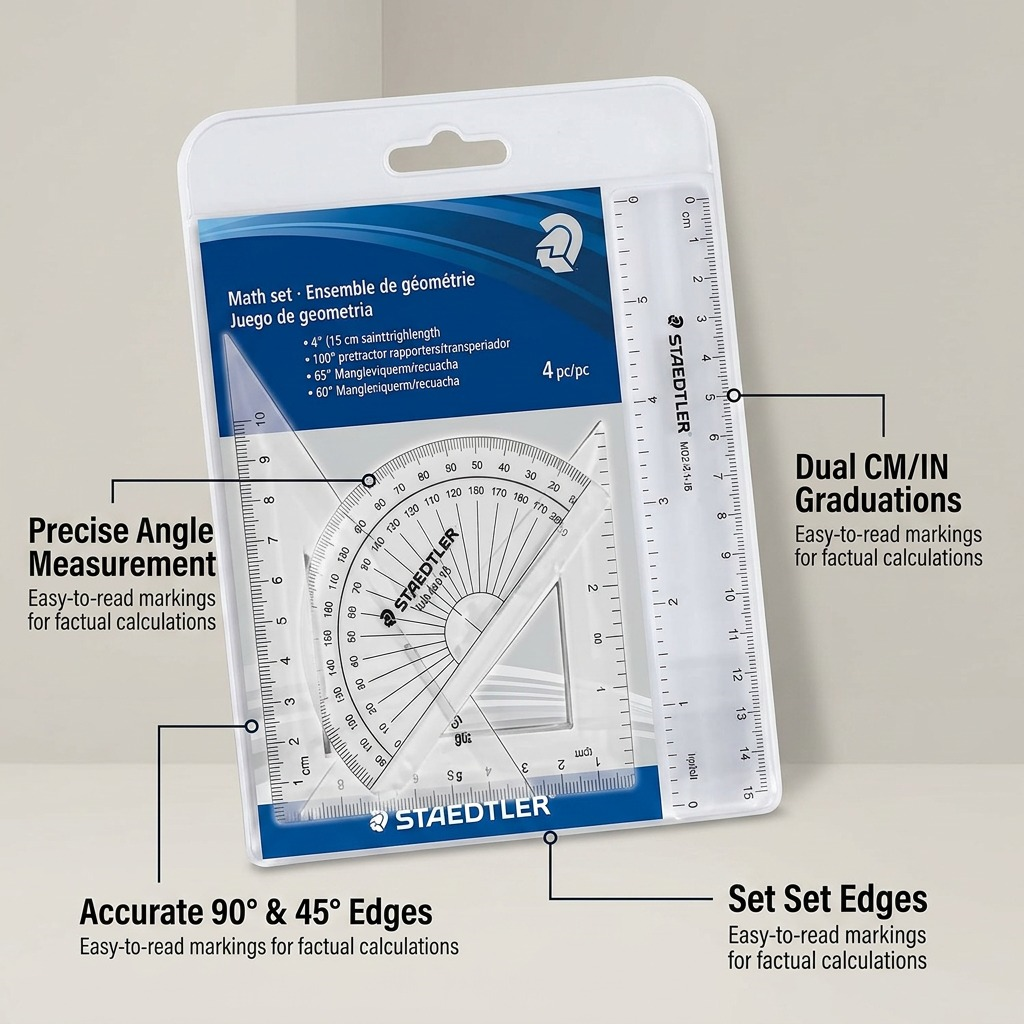 Feature graphic showing STAEDTLER Math Set 4pc (569-WP4-02) with key measurement benefits called out with pointer lines.