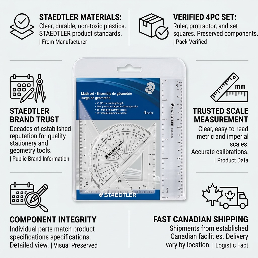 Infographic matrix showing a STAEDTLER Math set 4pc with trust and quality queues about its build.