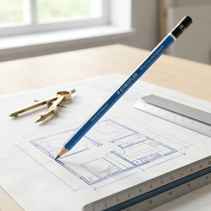 A lifestyle image featuring the STAEDTLER Mars Lumograph 3B pencil on an architectural blueprint, highlighting its use.
