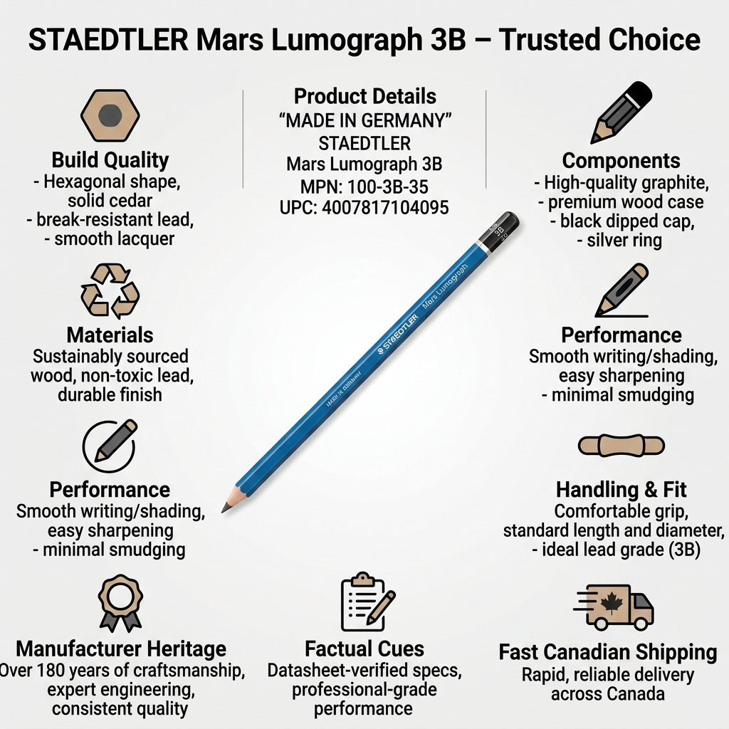 Infographic with STAEDTLER Mars Lumograph 3B, featuring factual cues with icons about build, parts, and performance.