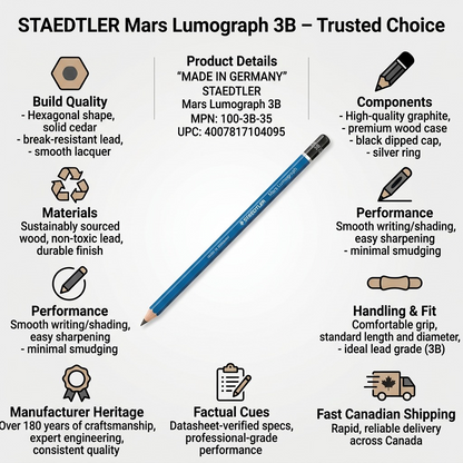 Infographic with STAEDTLER Mars Lumograph 3B, featuring factual cues with icons about build, parts, and performance.