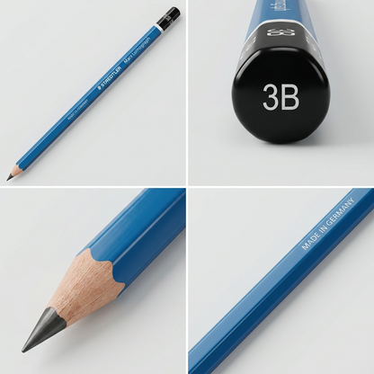 A matrix displaying four STAEDTLER Mars Lumograph 3B pencils, each showing the 3B mark from a different angle on a clean grid.