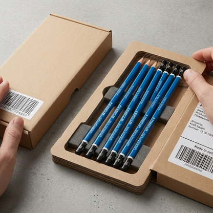 Six identical Staedtler Lumograph 3B pencils in protective card and foam, ready for unboxing.