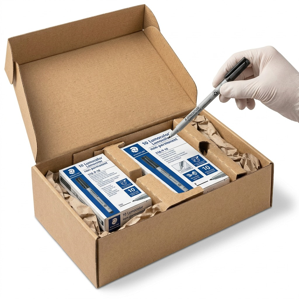 A clean unboxing scene: a STAEDTLER black marker is safely nested in paper fill inside an open cardboard box.