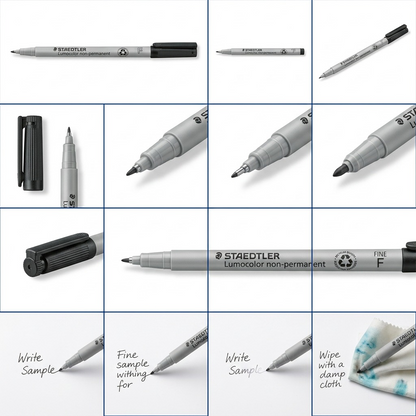 An 8-cell product matrix for the Staedtler Lumocolor non-permanent fine black marker 316-9-10.