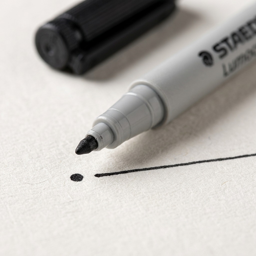 Extreme close-up of a Staedtler felt tip marker tip, showing the textured paper surface it has just written 'STAEDTLER' on in wet, rich black ink. Direct, clean, studio-style lighting with extremely shallow depth of field, focused sharply on the tip and the paper fibers. The background, which might include another marker or office supplies, is completely blurred. No packaging, text on paper is handwritten, no on-image text of any kind.