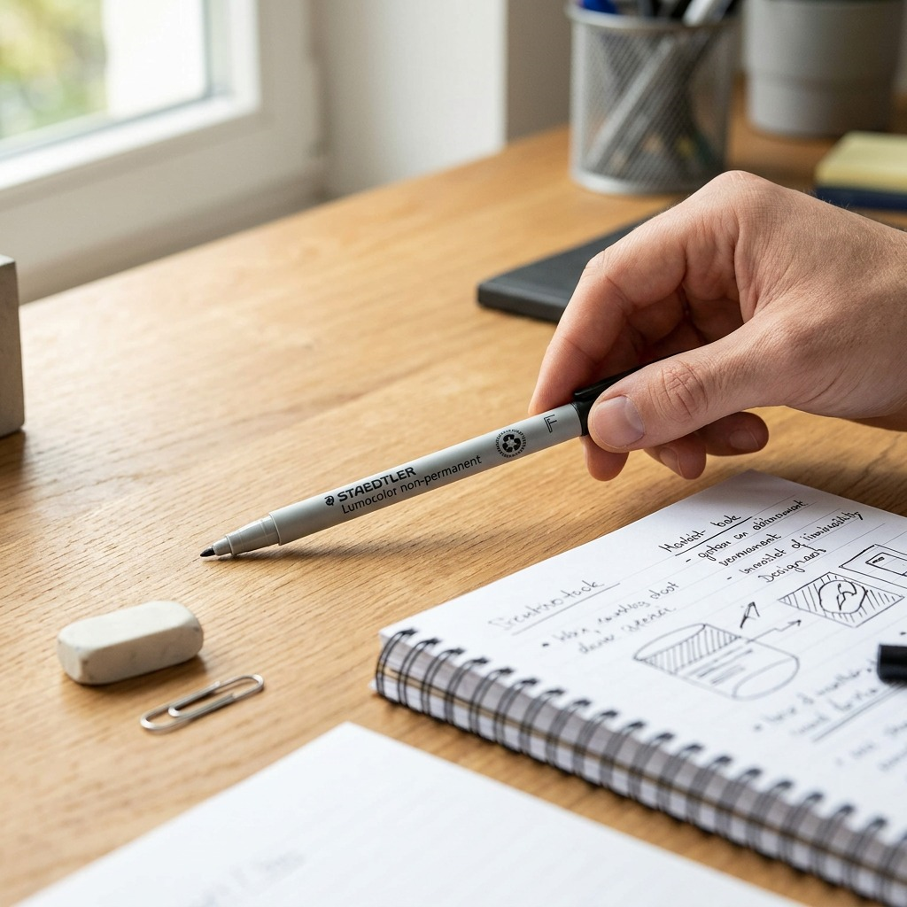 Lifestyle photo of a Staedtler Lumocolor non-permanent marker (316-9) on a messy desk with a notebook.