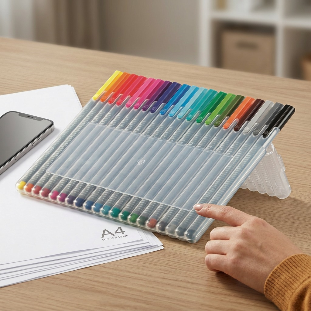 A realistic scale comparison showing the STAEDTLER 334-SB20A605 fineliner set on an office desk beside a stack of standard A4 paper and a smartphone.