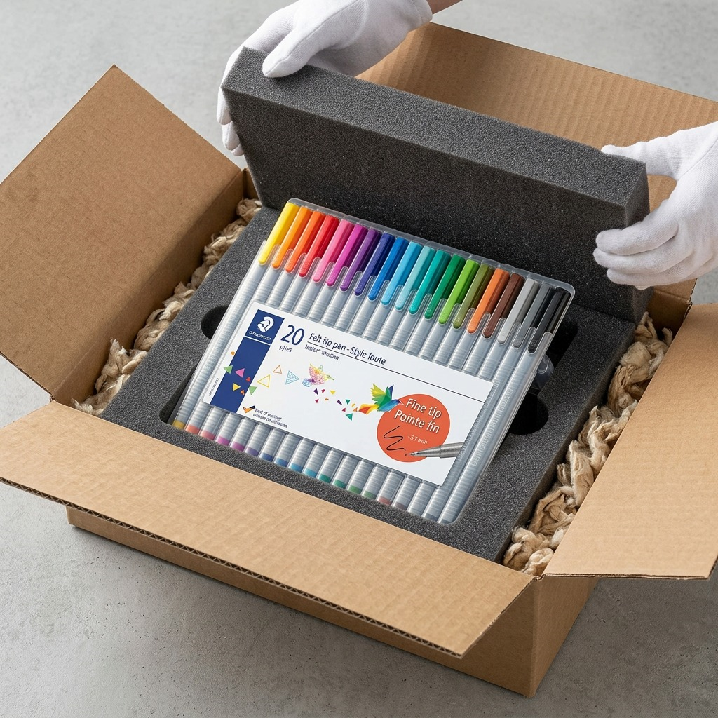 A realistic photo showing the STAEDTLER set securely held within custom die-cut foam and corrugated cardboard inside a plain shipping box, representing safe unboxing.