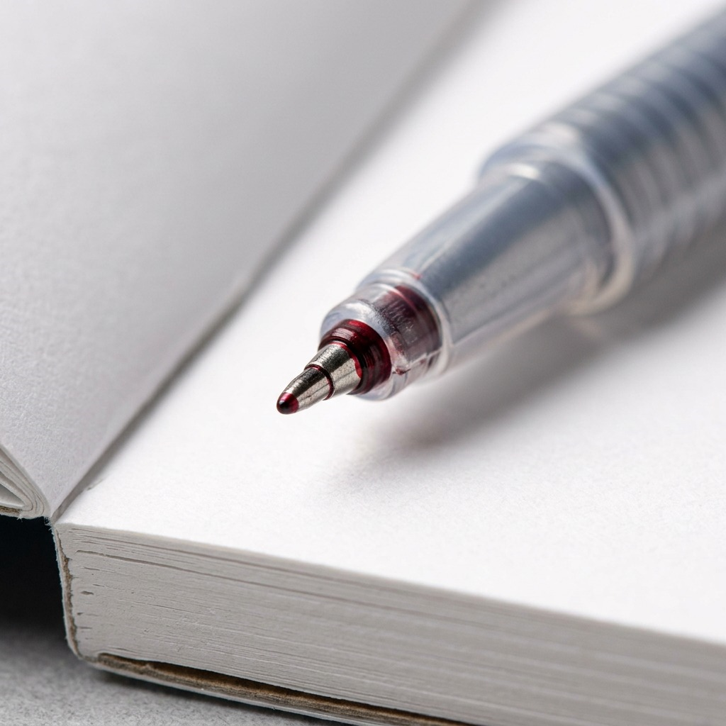 Macro shot of the 0.3mm metal-clad fineliner nib, loaded with saturated red ink.