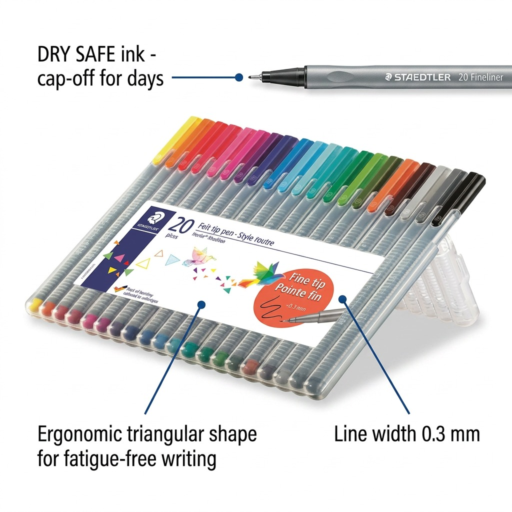 eCommerce graphic illustrating the STAEDTLER fineliner set with clear callouts for DRY SAFE ink, ergonomic form, and 0.3mm wide lines.