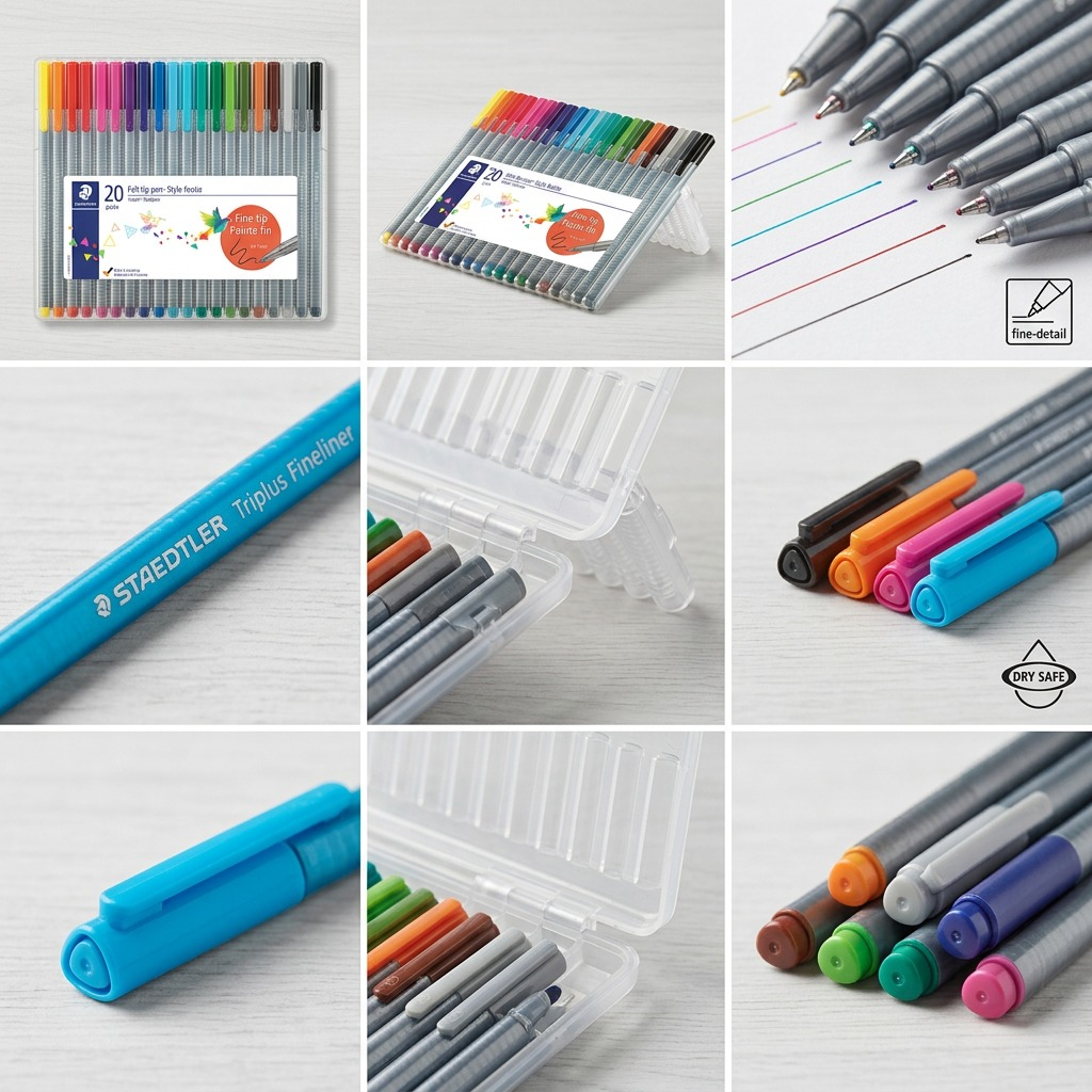 A 3x2 grid matrix showcasing the 20-color pen set closed, open/upright (image_0.png position), with various tip close-ups and ink tests on clean paper, and a detailed look at the ergonomic triangular barrel.
