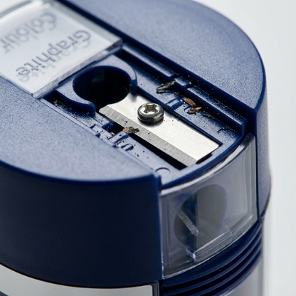 A detailed macro inspection focusing on the sharpener inner mechanism of the STAEDTLER container.