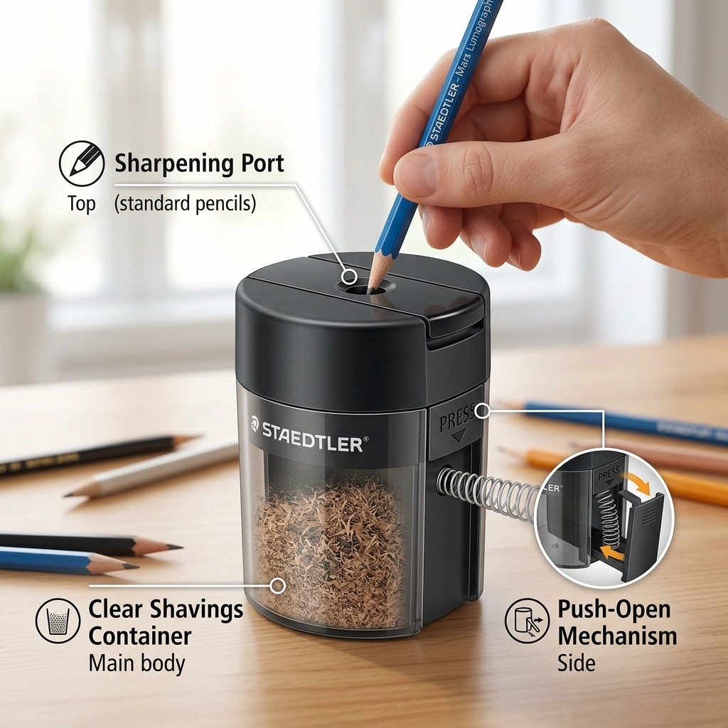 Operational feature diagram of the Staedtler single-hole pencil sharpener with clear container.