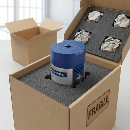 A realistic photo shows a STAEDTLER pencil sharpener securely nestled in custom-cut foam within a sturdy shipping box, ensuring damage-free delivery.