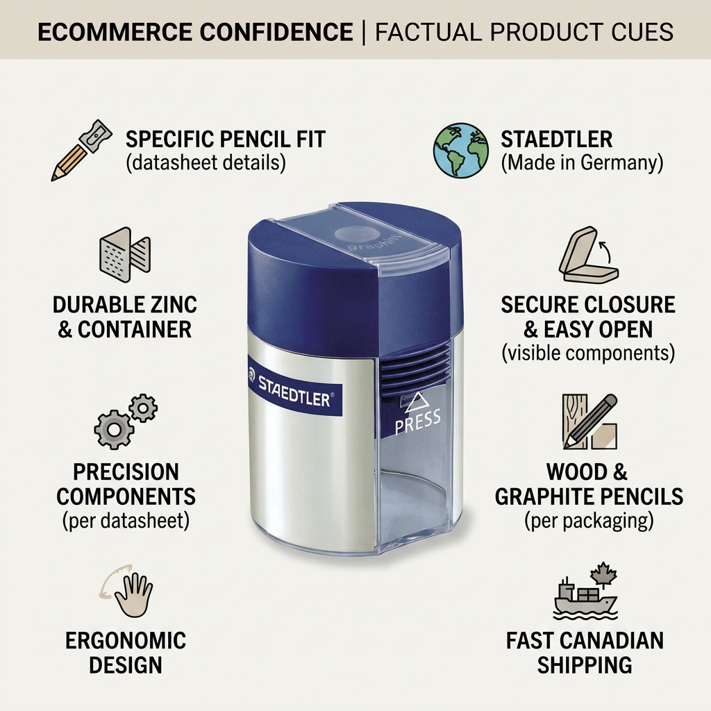 Product trust graphic for Staedtler sharpener with detailed factual benchmarks and icons.