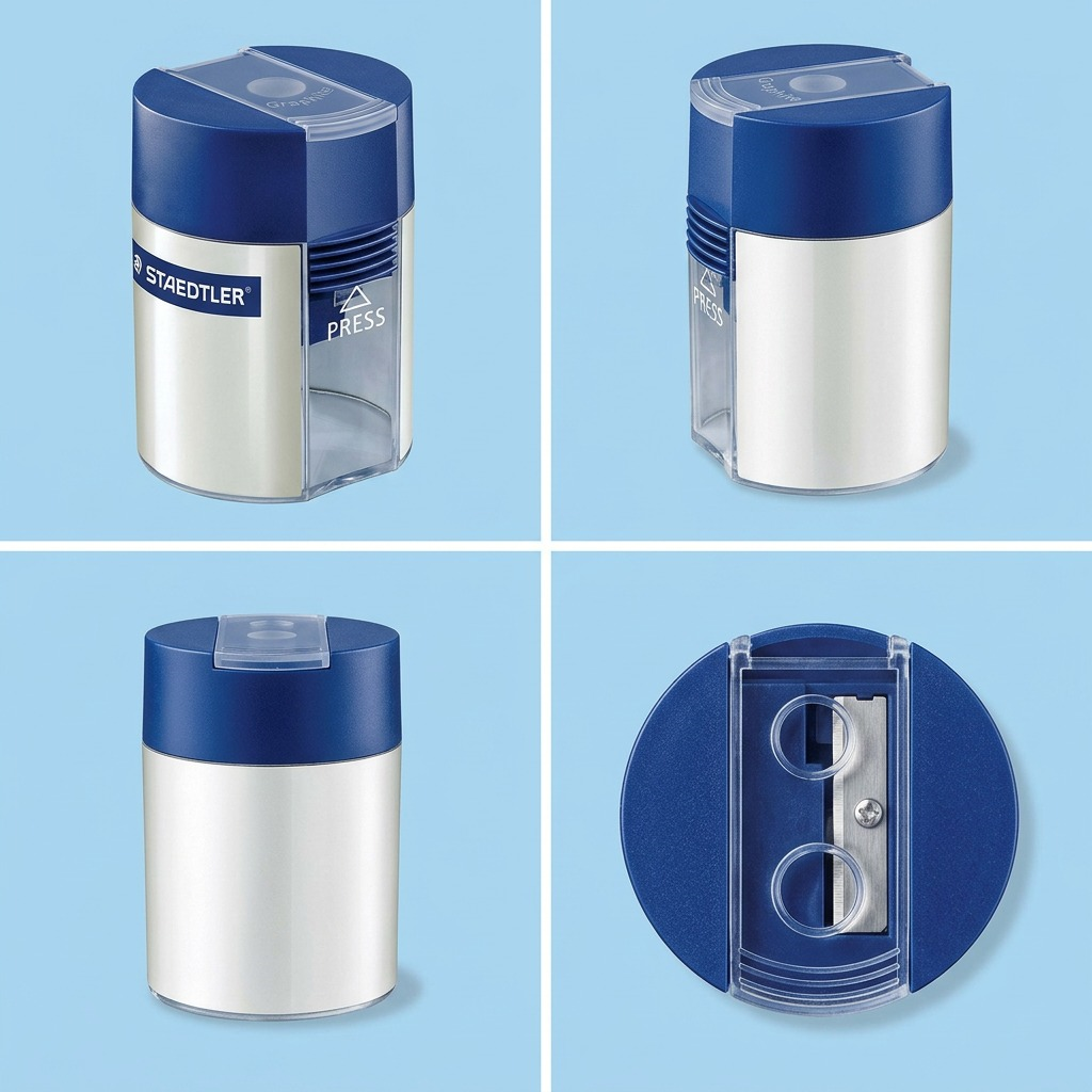 Multiple views of the single Staedtler sharpener shown in white, blue and transparent parts, on a light blue background.