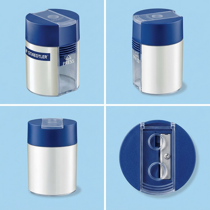 Multiple views of the single Staedtler sharpener shown in white, blue and transparent parts, on a light blue background.