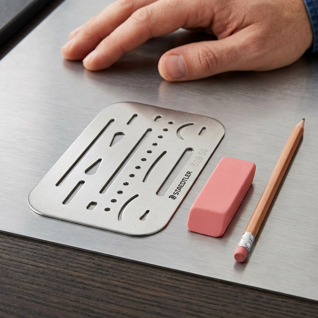 A photograph showing the metal Staedtler Mars Erasing Shield positioned beside a standard wooden pencil on a textured wooden desk.<ctrl46>