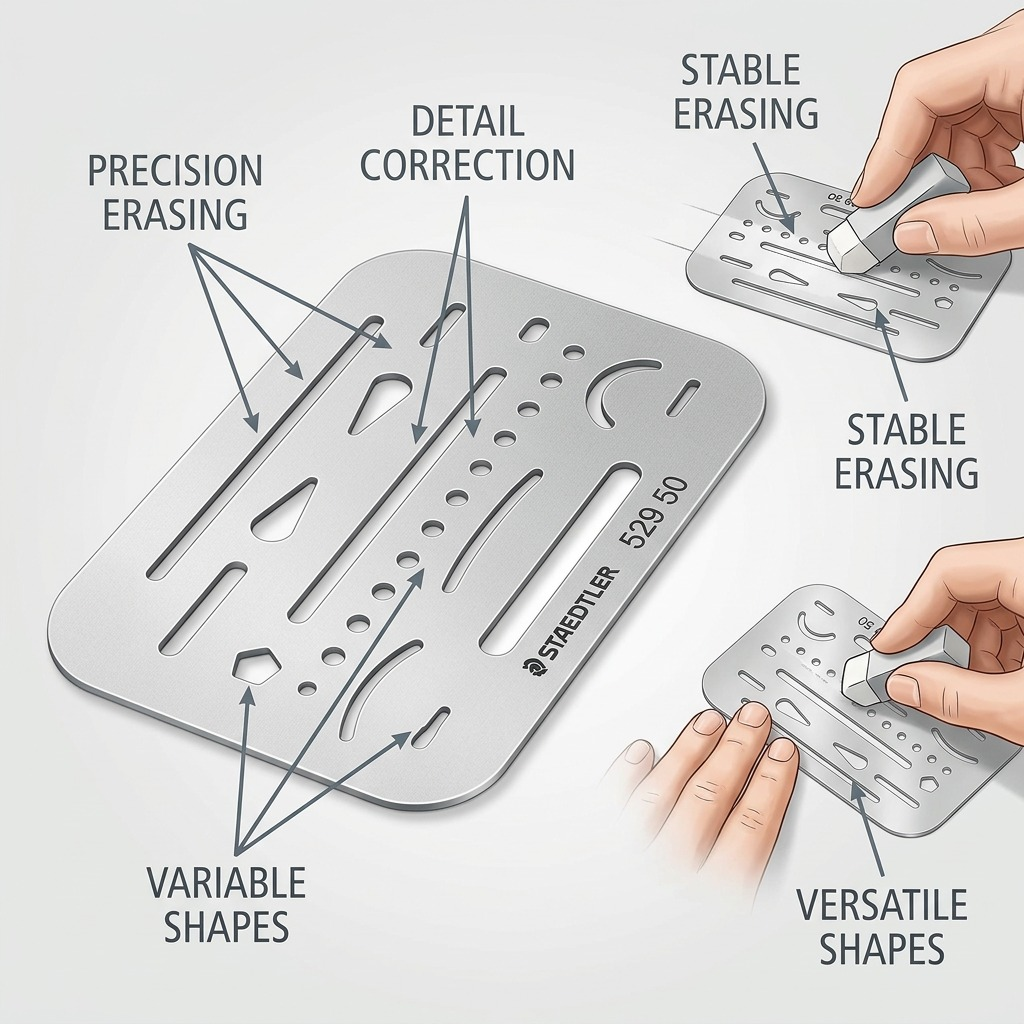 An infographic illustrating features of the STAEDTLER Mars erasing shield with clear visual pointers.